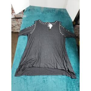 Belldini Top Size 1 X Womens Gray Stepped Hem Ladies Studded Cold Shoulder NWT